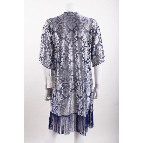 LulaRoe Womens Monroe Fringe CoverUp Duster Shawl Top S Small Blue Silver NWT - Picture 5 of 6